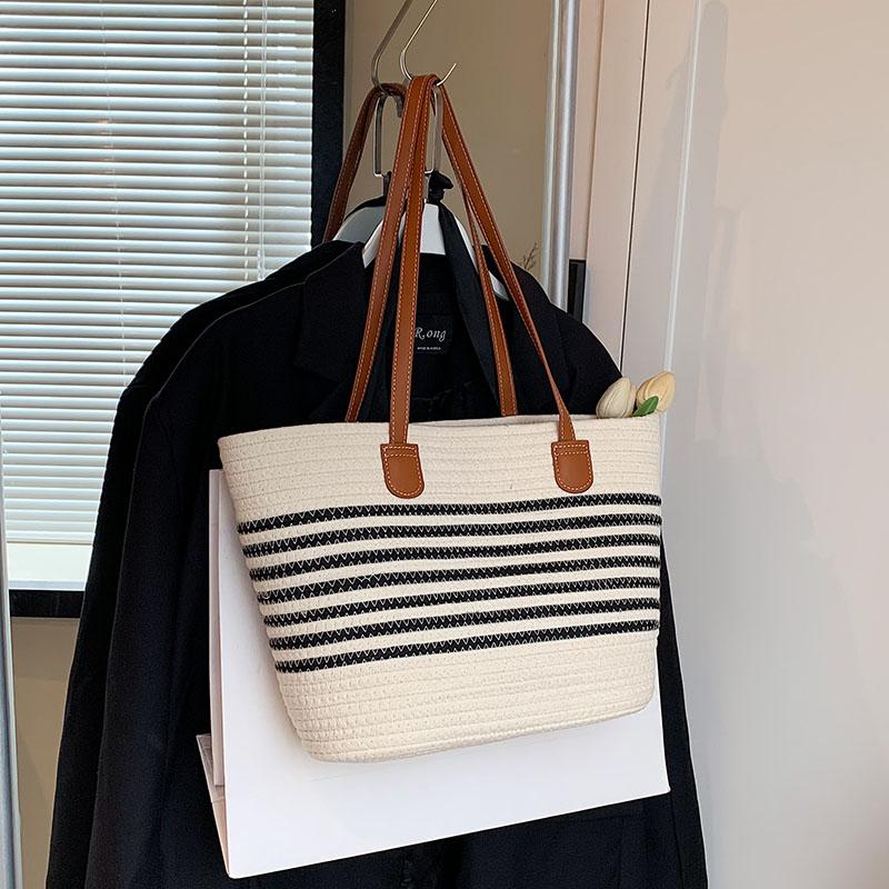 Женская модная полосатая летняя пляжная соломенная вязаная сумка на плечо, полые сумки ручной работы, портативная повседневная сумка большой вместительности