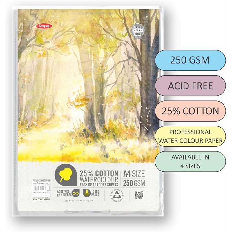 Anupam 25% Cotton Watercolour Paper Loose Sheets - Natural White - Cold Press Paper - 250 Gsm - 20 Sheets - A5 A5
Anupam 25% Cotton Watercolour Paper Loose Sheets - Natural White - Cold Press Paper - 250 Gsm - 20 Sheets - A5 A5