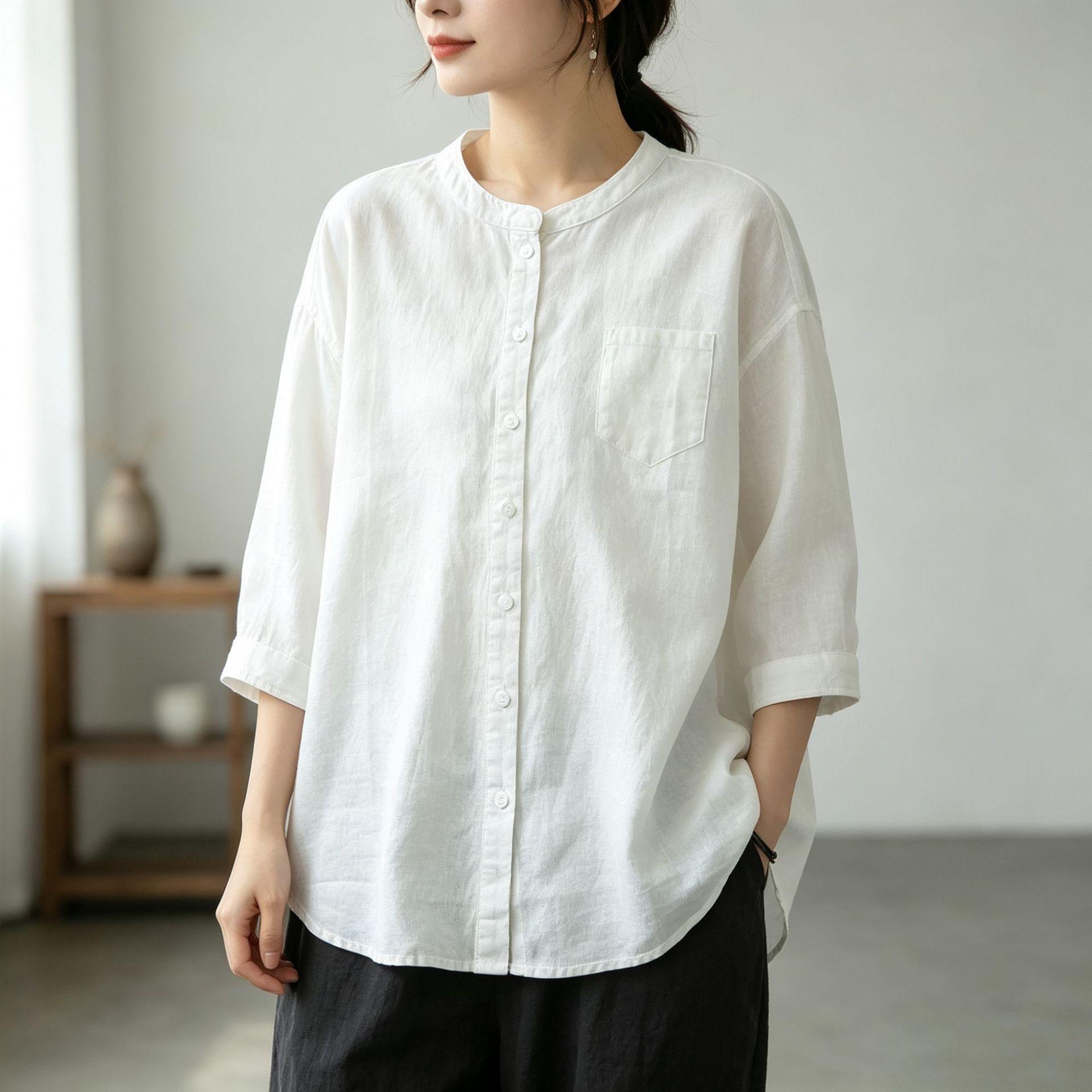 Summer Cotton Linen Solid Color Shirt Stand-up Collar Seven-minute Sleeve Loose Women s Blouse Oversized Vintage Blouse S белый
Summer Cotton Linen Solid Color Shirt Stand-up Collar Seven-minute Sleeve Loose Women s Blouse Oversized Vintage Blouse S белый