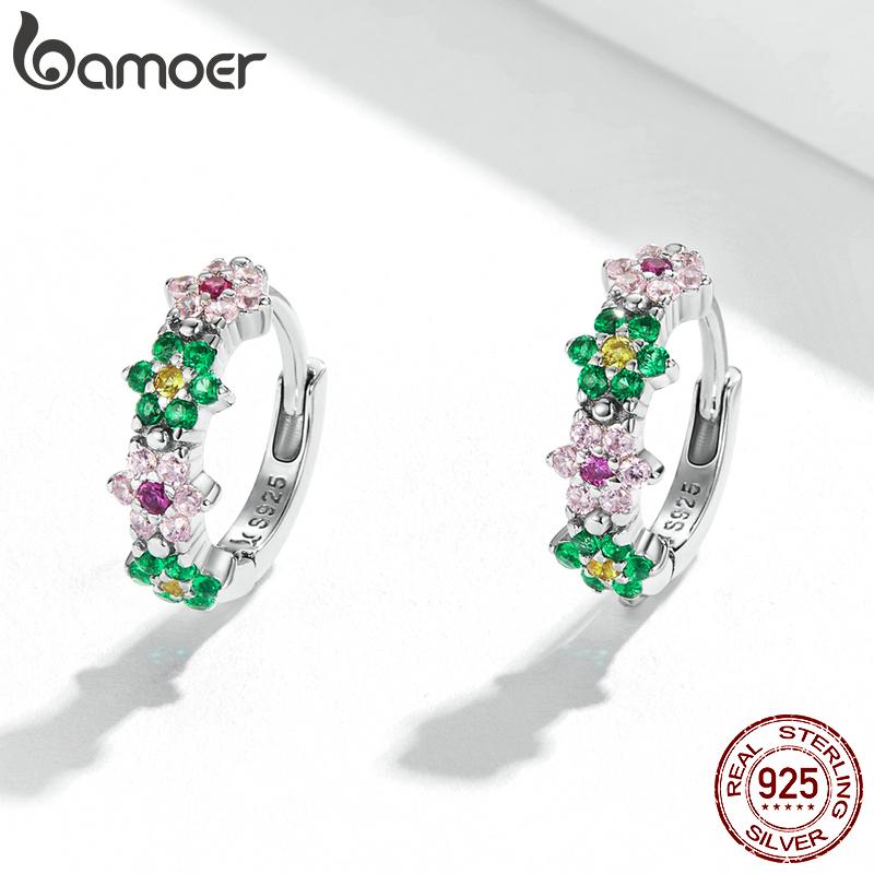 Женские серьги BAMOER из стерлингового серебра 925 пробы с нежным блестящим розовым цирконом и цветами, модные ювелирные изделия 925 silver