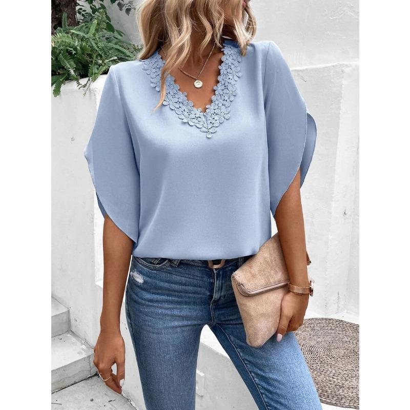 Summer Lace V-Neck Flared Short Sleeve Loose Shirt New Elegant Casual Blouse Office Sweet Solid Color Women s Top Fashion Female Simple Clothing XXL світло-синій колір
Summer Lace V-Neck Flared Short Sleeve Loose Shirt New Elegant Casual Blouse Office Sweet Solid Color Women s Top Fashion Female Simple Clothing XXL світло-синій колір