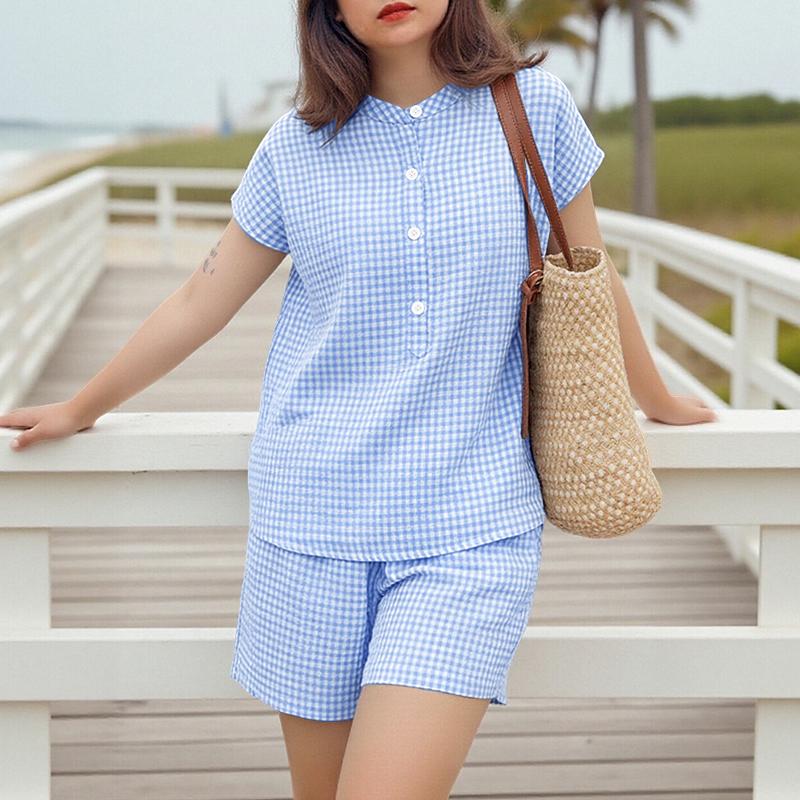 ZANZEA Women Short Sleeve Blouse and Shorts Plaid Print Summer Two Piece Suit Sets M синий
ZANZEA Women Short Sleeve Blouse and Shorts Plaid Print Summer Two Piece Suit Sets M синий