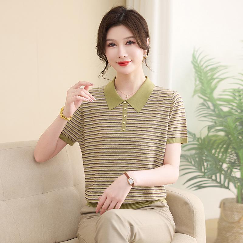 Women s Striped Lyocell Tencel Short-Sleeve Polo Shirt - Elegant Loose Fit, Slimming Knitwear Top with Lapel for Moms 2XL (110-120 lbs) зелёный
Women s Striped Lyocell Tencel Short-Sleeve Polo Shirt - Elegant Loose Fit, Slimming Knitwear Top with Lapel for Moms 2XL (110-120 lbs) зелёный