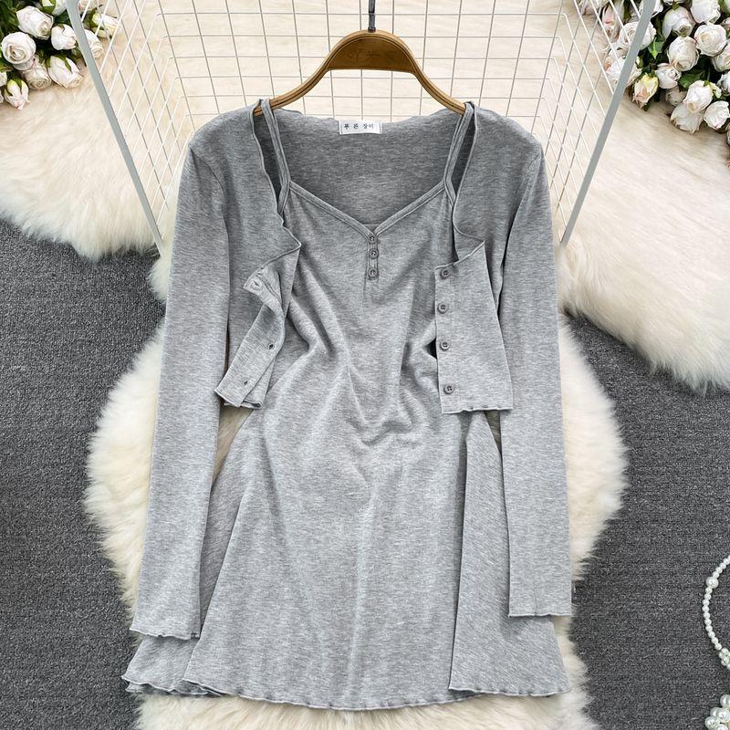 Retro Long Sleeves Single-Breasted Sling Dress Cardigan Grey All yards
Retro Long Sleeves Single-Breasted Sling Dress Cardigan Grey All yards