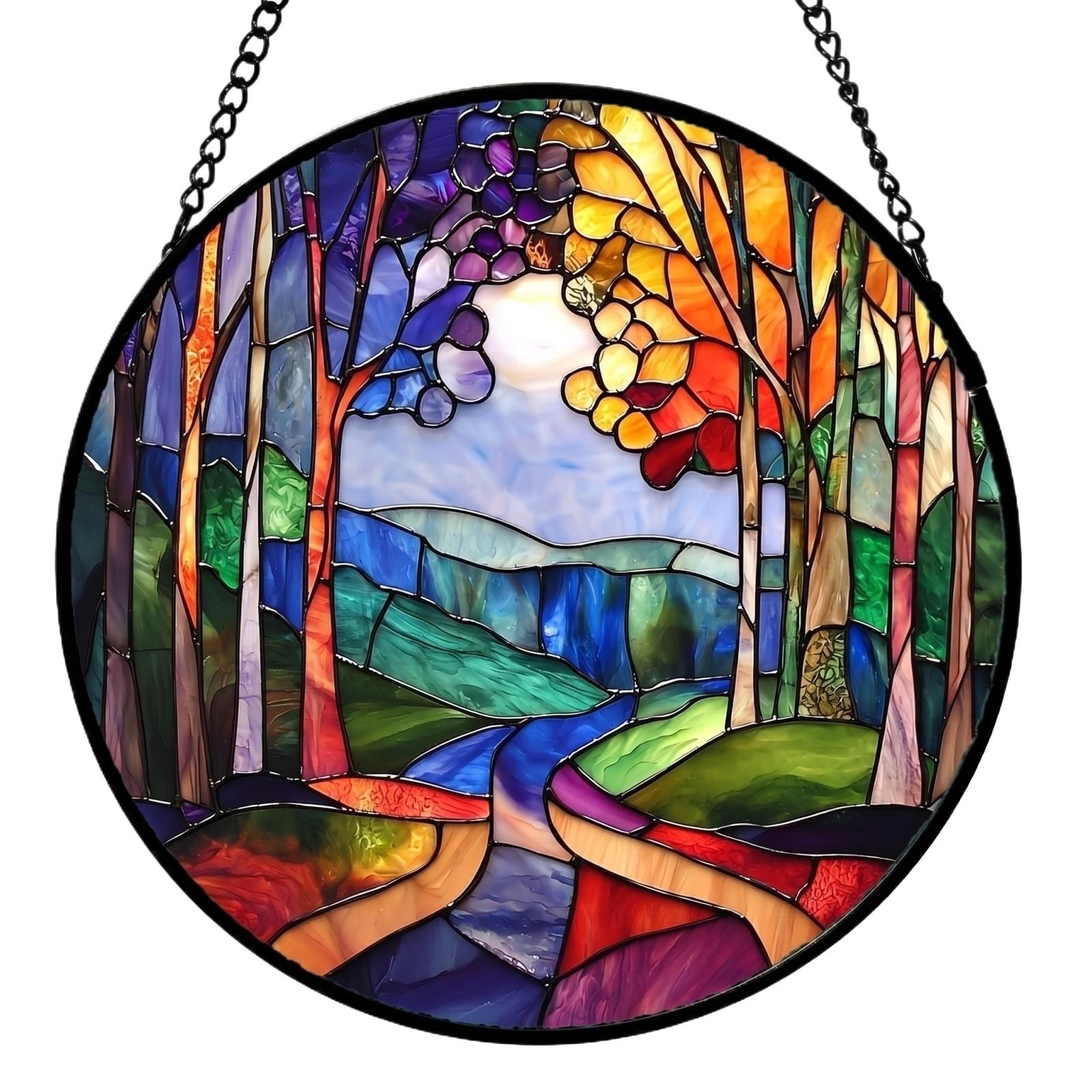 Round Stained Glass Window Hanging Suncatcher with Tree and River Landscape Design Decorative Panel for Indoor Outdoor Use one size
Round Stained Glass Window Hanging Suncatcher with Tree and River Landscape Design Decorative Panel for Indoor Outdoor Use one size