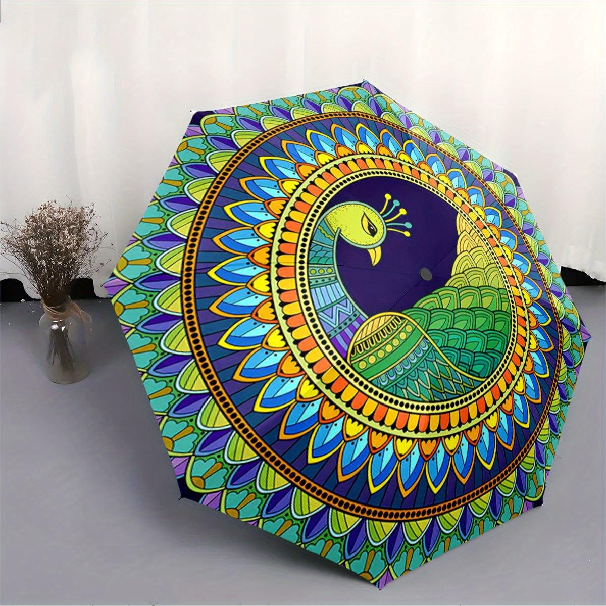 Automatic Folding Umbrella Mandala peacock design. Portable collapsible design, casual outdoor accessory, for all seasons, Chr Iron&8K
Automatic Folding Umbrella Mandala peacock design. Portable collapsible design, casual outdoor accessory, for all seasons, Chr Iron&8K