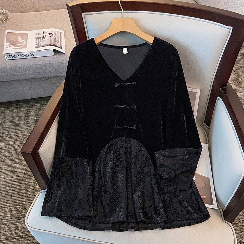 Velvet V-Neck Lace Patchwork Top with Frog Button – Plus Size Chinese Style 4XL (Recommended weight 140-160 jin) чорний
Velvet V-Neck Lace Patchwork Top with Frog Button – Plus Size Chinese Style 4XL (Recommended weight 140-160 jin) чорний