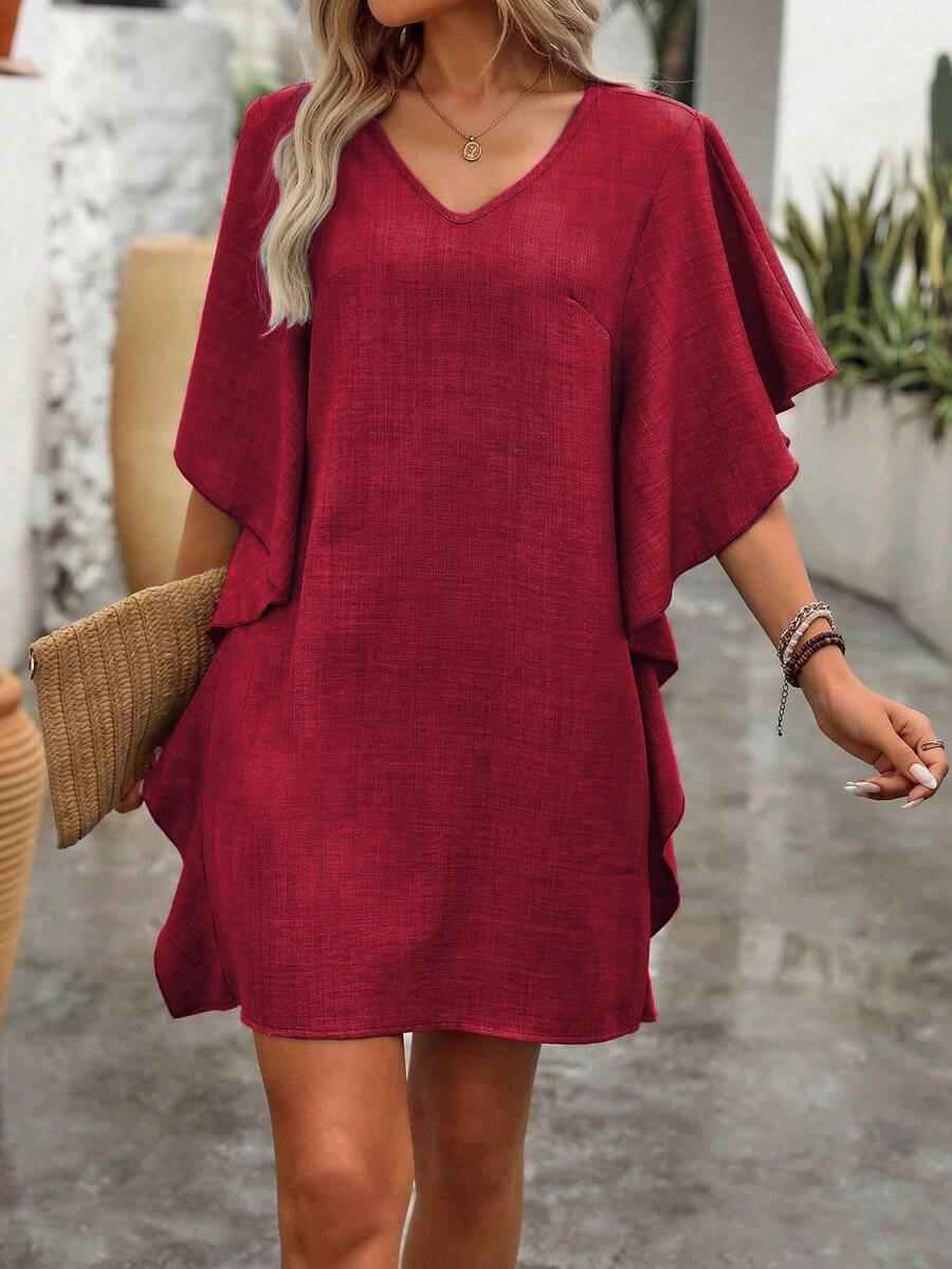 New Spring/Summer European & American V-neck Loose Ruffle Solid Color Dress for Women Extra Extra Large (XXL) червоний
New Spring/Summer European & American V-neck Loose Ruffle Solid Color Dress for Women Extra Extra Large (XXL) червоний