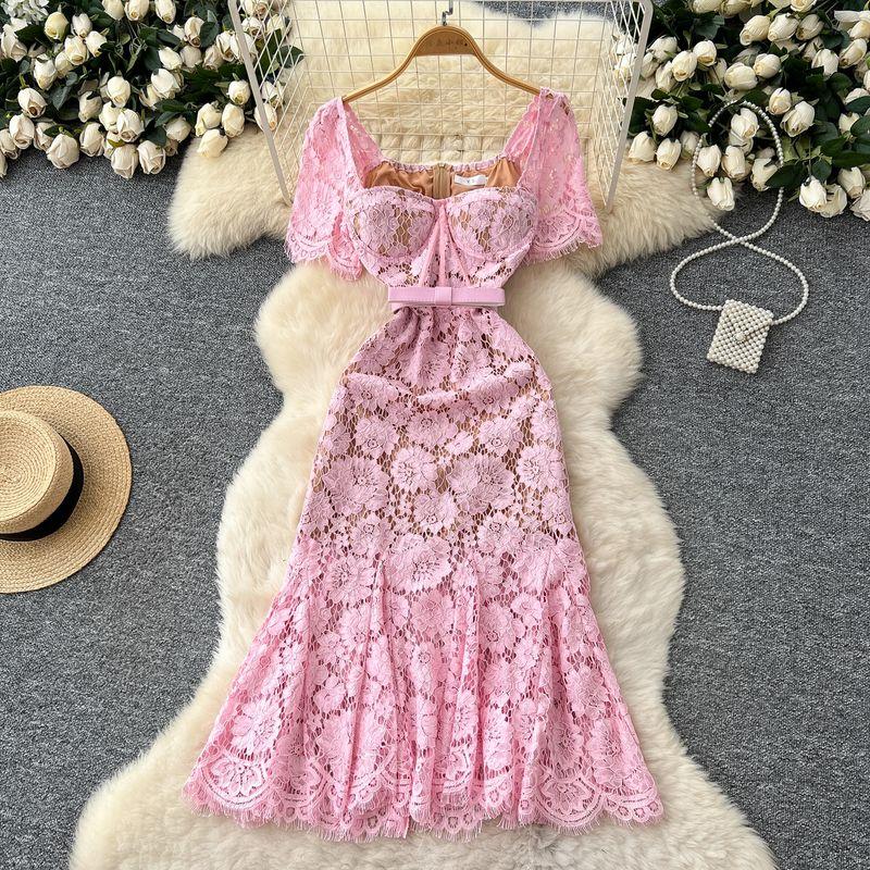 French style Noble Elegant Formal Dress Women Summer Fashion Bow Waist Hugging Square Collar Short sleeve Lace Slim fit Fishtail Dress Pink M
French style Noble Elegant Formal Dress Women Summer Fashion Bow Waist Hugging Square Collar Short sleeve Lace Slim fit Fishtail Dress Pink M