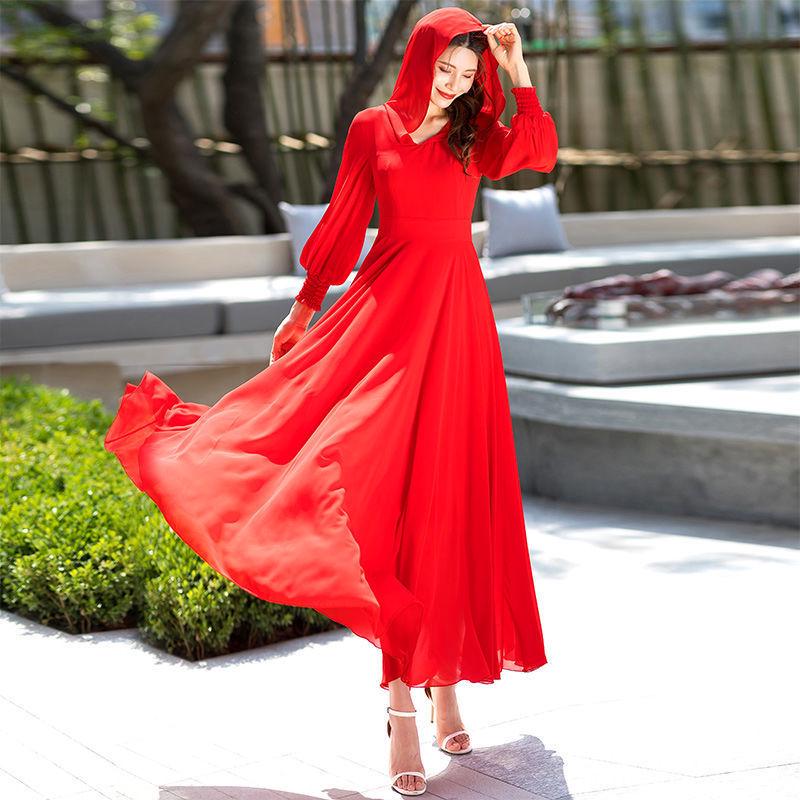 Женское красное бохо-шифоновое макси-платье с капюшоном и длинными рукавами для пляжного отдыха 2XL (125-135 kg recommended weight) красный 
Женское красное бохо-шифоновое макси-платье с капюшоном и длинными рукавами для пляжного отдыха 2XL (125-135 kg recommended weight) красный