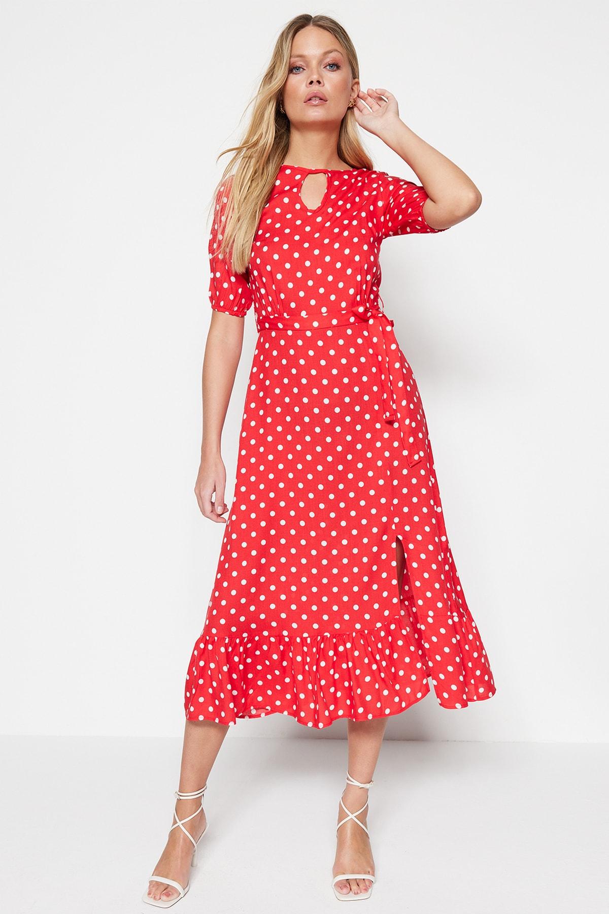 Women s Fashion New Dress Red Belted Polka Dot A-Line Crew Neck Midi Woven Dress
Women s Fashion New Dress Red Belted Polka Dot A-Line Crew Neck Midi Woven Dress
