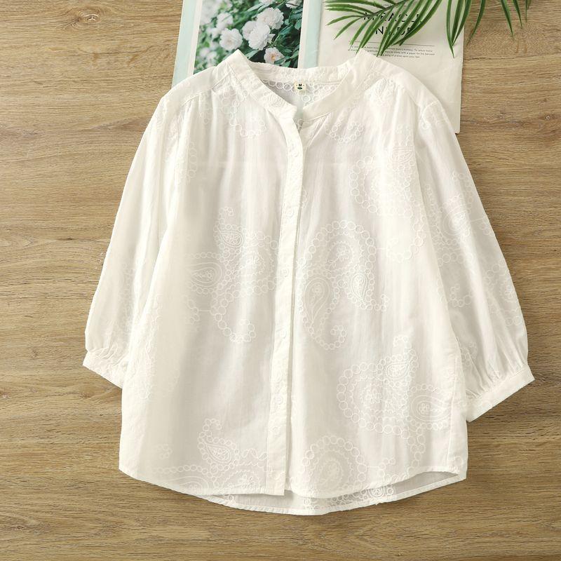 Simple Western Style Small V-neck Jacquard White Pure Cotton Shirts Women Summer Three-Quarter Sleeve Temperament Solid Small Shirt Loose Casual White M
Simple Western Style Small V-neck Jacquard White Pure Cotton Shirts Women Summer Three-Quarter Sleeve Temperament Solid Small Shirt Loose Casual White M