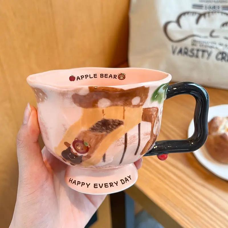 Мультяшная керамическая чашка с ручкой, Ретро кружка с высоким уровнем внешнего вида, Бытовая, Офисная, Милая чашка для завтрака, кофе, Удобная ручка 380ml