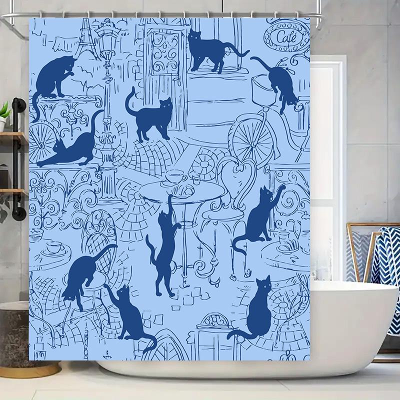 Синий кошачий набор штор для ванной: Современная шторка для душа с принтом кошек и кольцами для домашнего декора, идеальный подарок для любителей животных 90x180cm