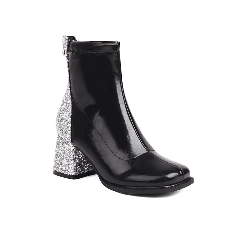 Женские ботильоны с круглым носком, на толстом высоком каблуке, блестящие короткие ботинки на молнии, женская модная обувь, зимняя обувь, черный, белый, красный 46 34 чёрный