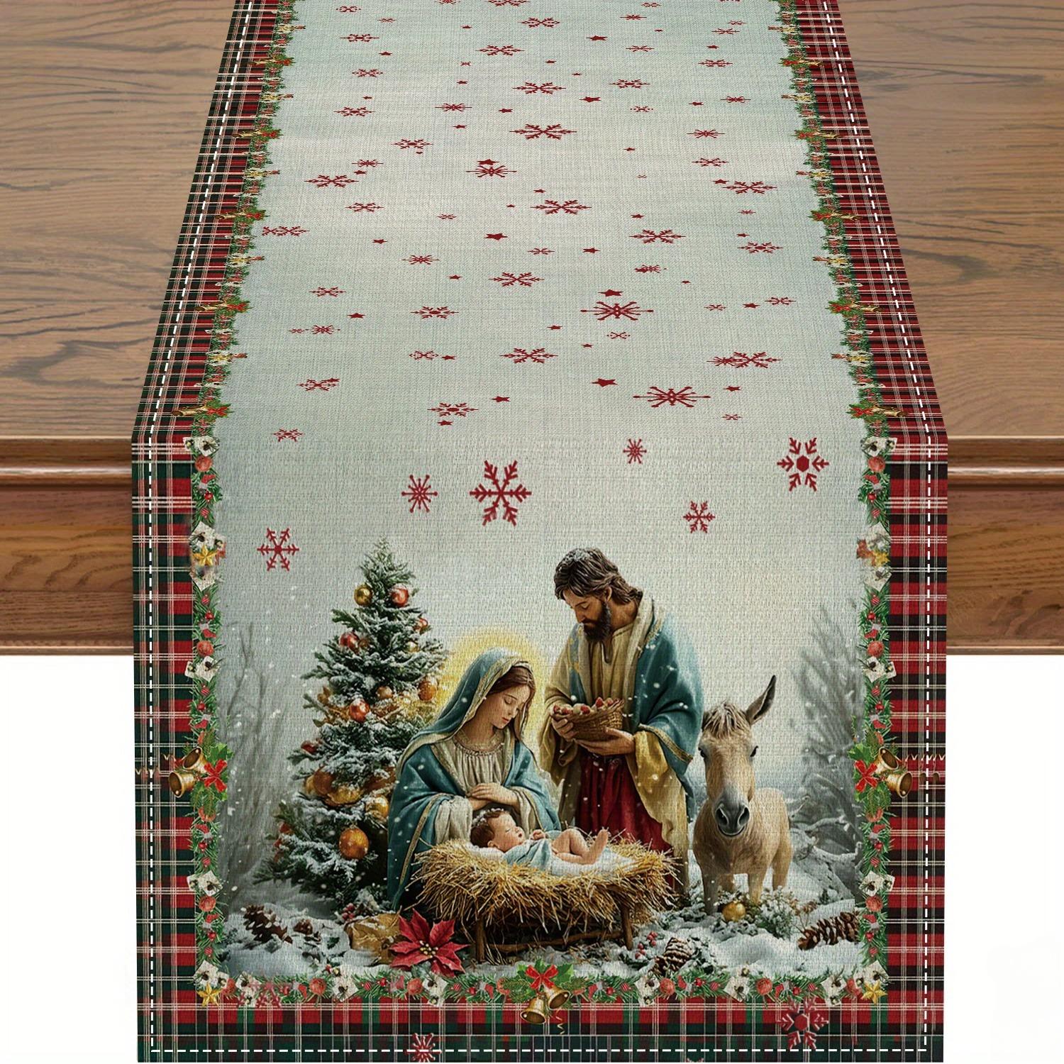 1Pc Christmas Table Runner - Festive Holiday Design With Nativity Scene, Snowflakes & Red Berries,Perfect For Home Kitchen Decor 33X183cm
1Pc Christmas Table Runner - Festive Holiday Design With Nativity Scene, Snowflakes & Red Berries,Perfect For Home Kitchen Decor 33X183cm