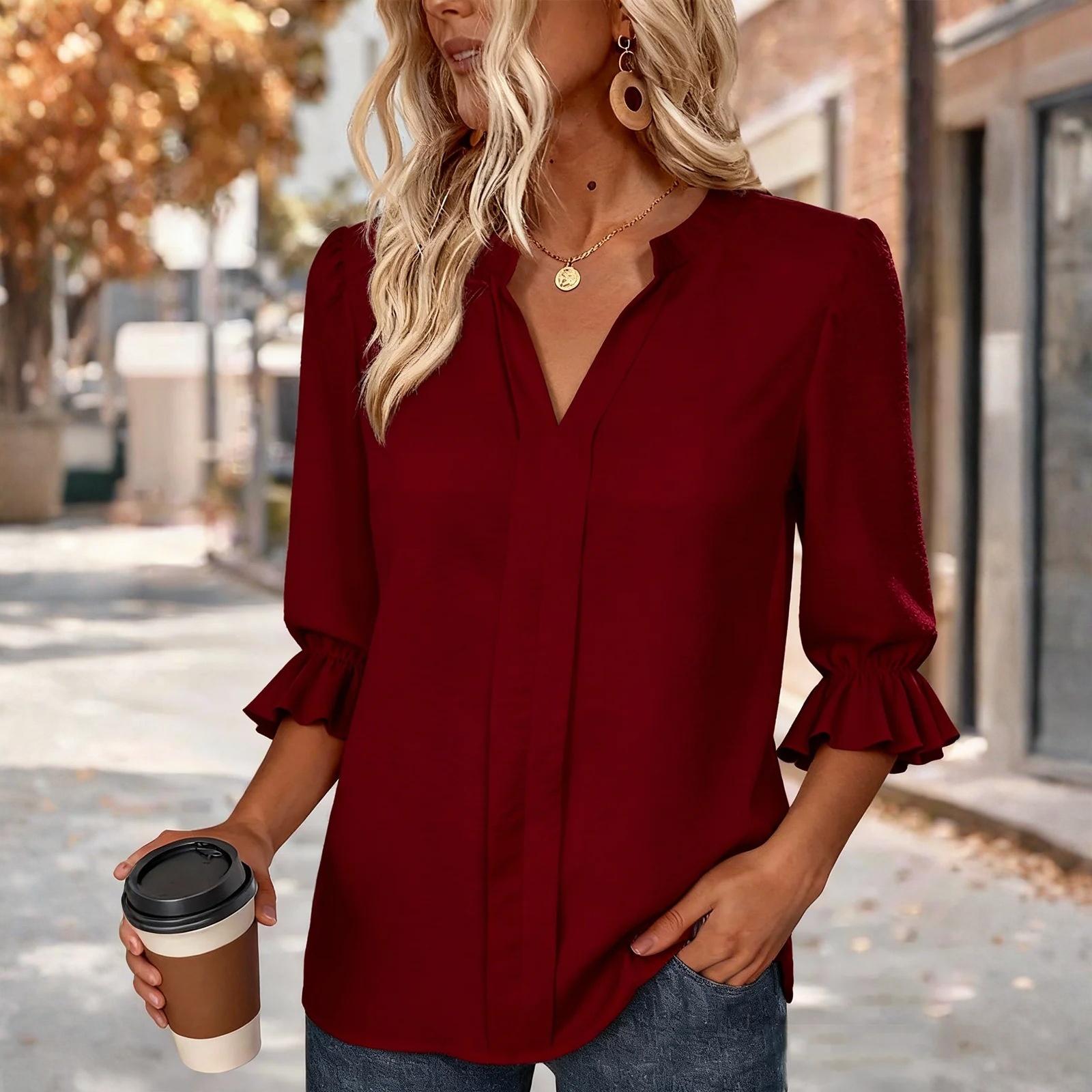 Women’s V Neck Satin Blouse with 3/4 Ruffle Sleeves Loose Fit Top for Office and Casual Wear M винний
Women’s V Neck Satin Blouse with 3/4 Ruffle Sleeves Loose Fit Top for Office and Casual Wear M винний