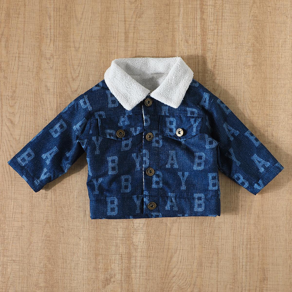 2024 Детская одежда осень-зима повседневная куртка с лацканами и буквенным принтом модные флисовые пальто для мальчиков 9-12M темно-синий