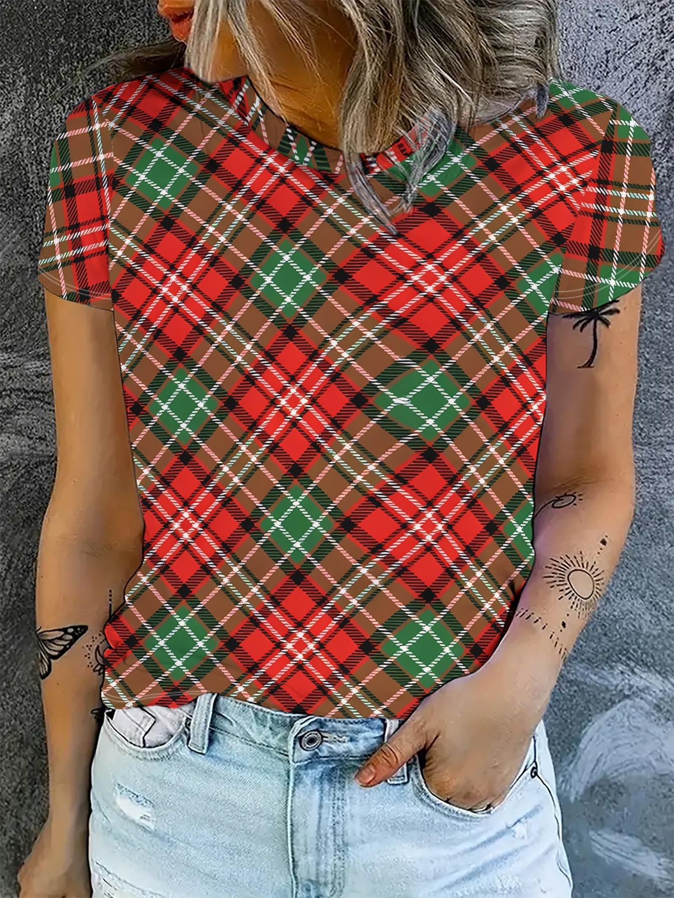 Ladies Short-Sleeve T-Shirt in a Red, Brown, Green, And White Check Pattern, Stylish And Eye-Catching S
Ladies Short-Sleeve T-Shirt in a Red, Brown, Green, And White Check Pattern, Stylish And Eye-Catching S
