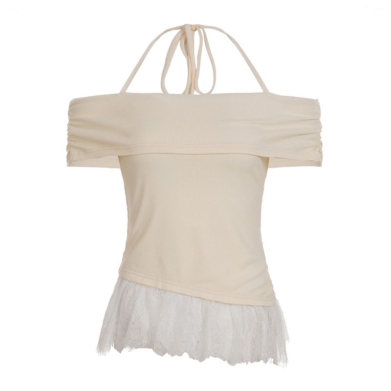 Purely Sexy Halter Neck Lace Patchwork Hem Off-Shoulder Slim Fit T-Shirt in Solid Color, Versatile and Slimming Top Skin color S
Purely Sexy Halter Neck Lace Patchwork Hem Off-Shoulder Slim Fit T-Shirt in Solid Color, Versatile and Slimming Top Skin color S