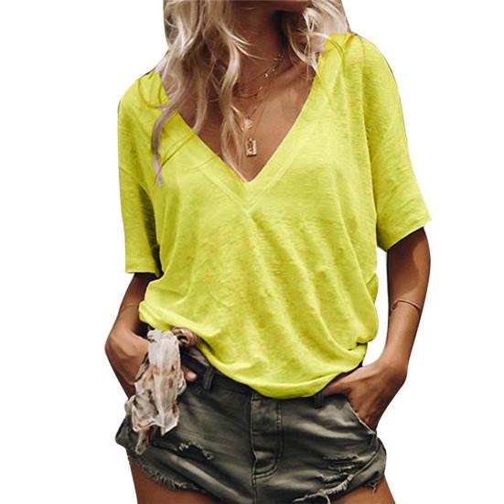 Летняя женская футболка большого размера однотонная с V-образным вырезом и коротким рукавом свободная базовая M жёлтый
Летняя женская футболка большого размера однотонная с V-образным вырезом и коротким рукавом свободная базовая M жёлтый