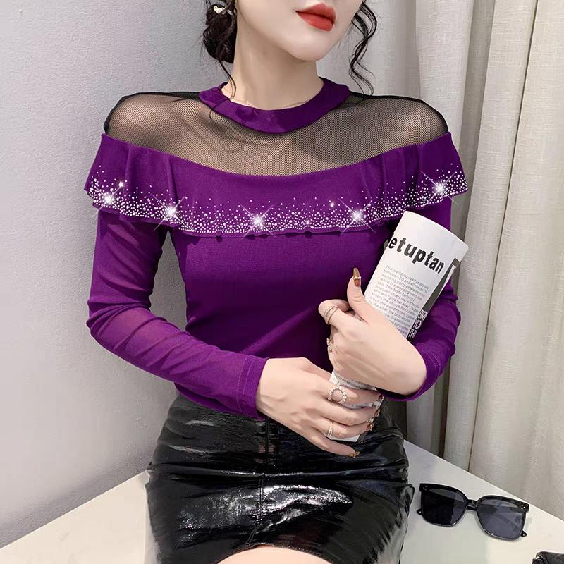 Spring Autumn Long-Sleeved Women s T-shirt Fashion Shiny Ruffles Diamonds Tops Femme Sexy Perspective Mesh Tees Clothes M фіолетовий
Spring Autumn Long-Sleeved Women s T-shirt Fashion Shiny Ruffles Diamonds Tops Femme Sexy Perspective Mesh Tees Clothes M фіолетовий