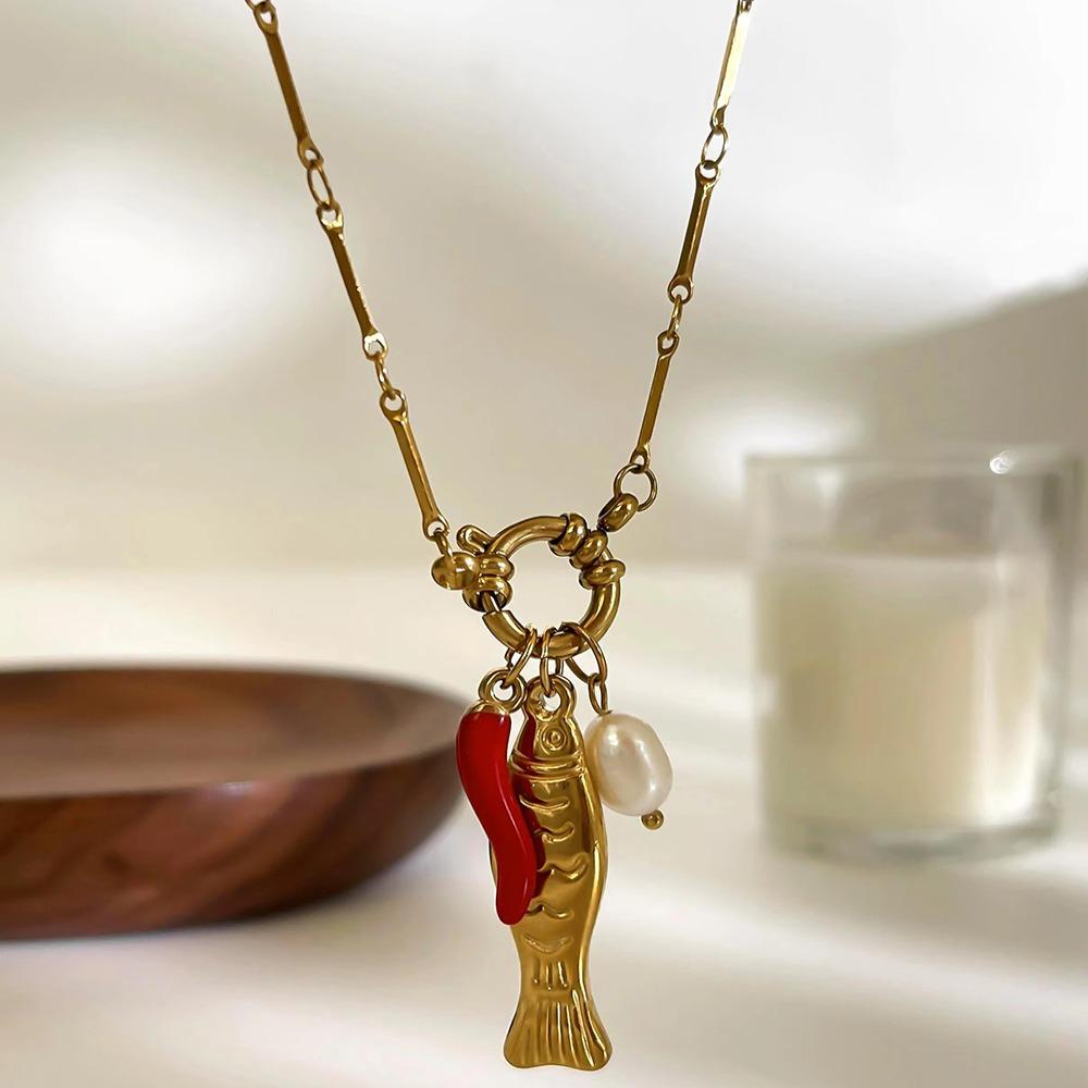 Ожерелье из пресноводного жемчуга с позолотой 18 карат, водонепроницаемая эмаль, ожерелье с перцем чили, ожерелье с позолотой