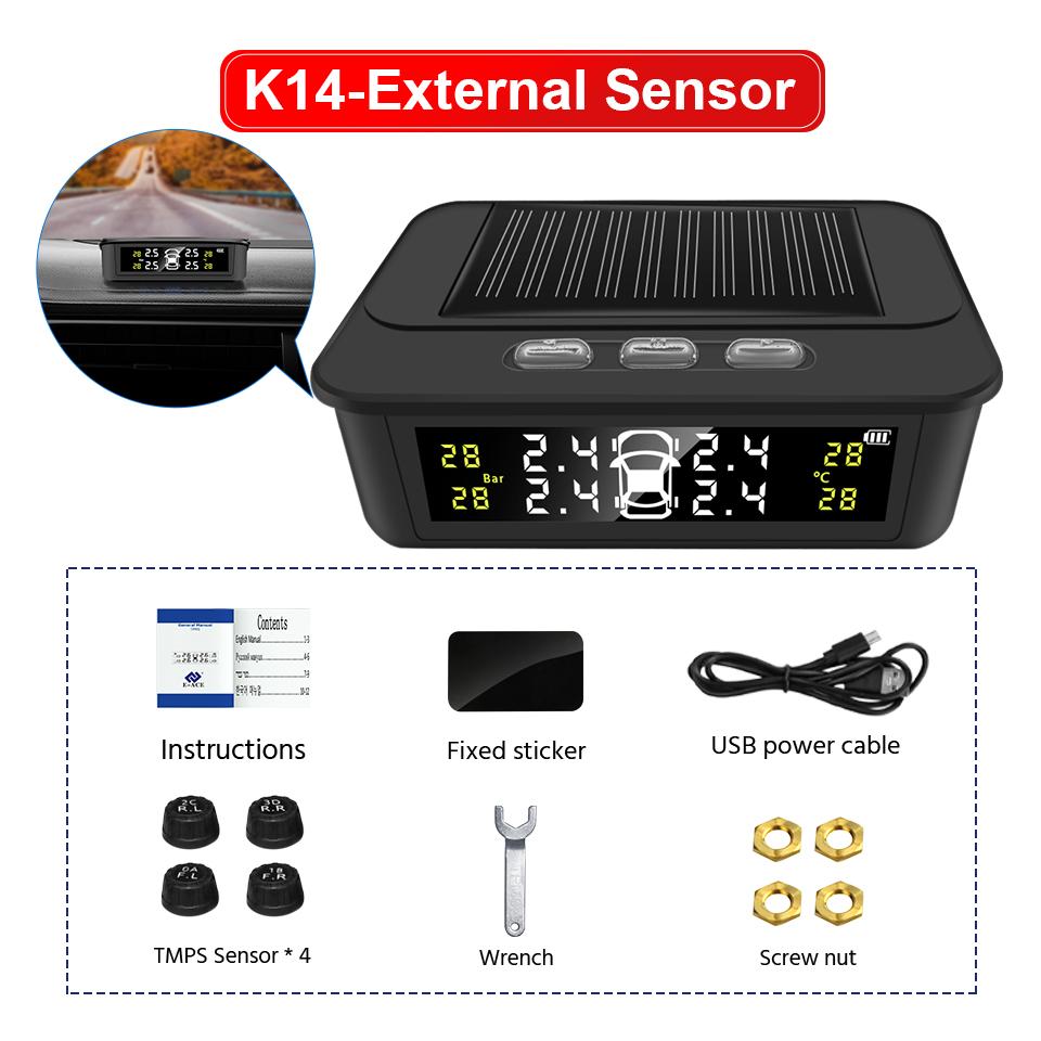 E-ACE Электронный манометр Датчик давления в шинах Автомобильная система TPMS Аварийная система Контроль давления в шинах Солнечная и USB зарядка Автоматическая сигнализация K14 External sensor