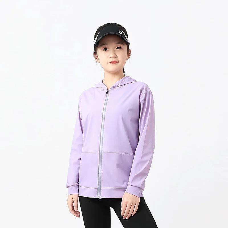 Летняя верхняя одежда для детей-подростков, ультратонкая солнцезащитная одежда, приятная для кожи спортивная одежда из ледяного шелка с капюшоном для девочек, быстросохнущая одежда 150cm фиолетовый