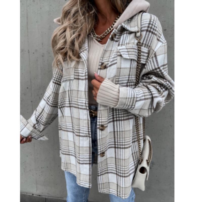 Зимняя теплая свободная куртка с капюшоном и лацканами, женская толстая шерстяная клетчатая куртка M белый