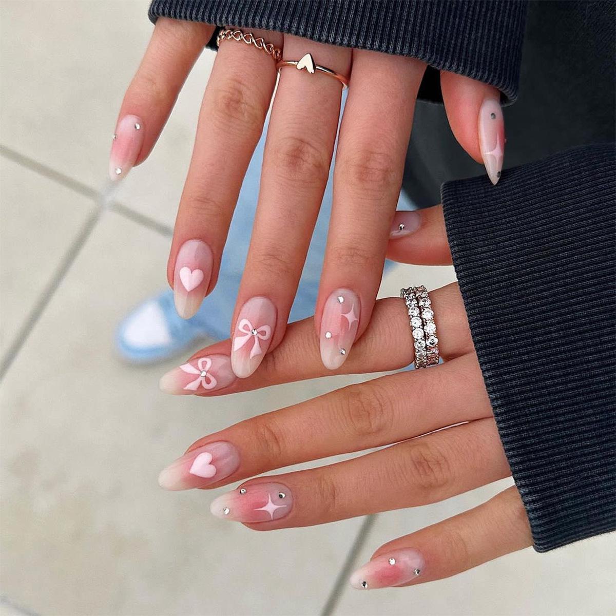 European & American Handmade Almond Shape Press-On Nails - Heart & Bowknot Rhinestones
European & American Handmade Almond Shape Press-On Nails - Heart & Bowknot Rhinestones