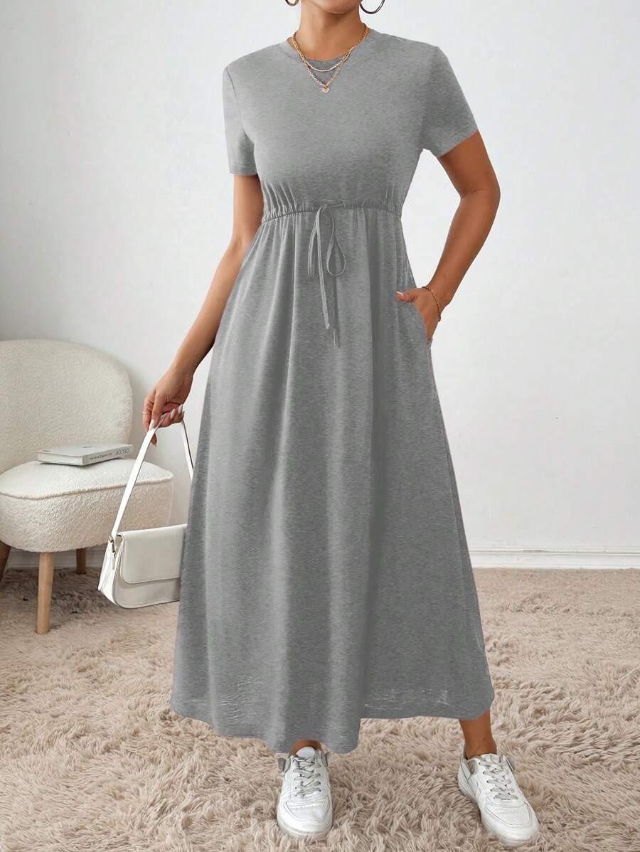 European & American Style Women s Short Sleeve Drawstring Waist Long Dress XL сірий колір
European & American Style Women s Short Sleeve Drawstring Waist Long Dress XL сірий колір