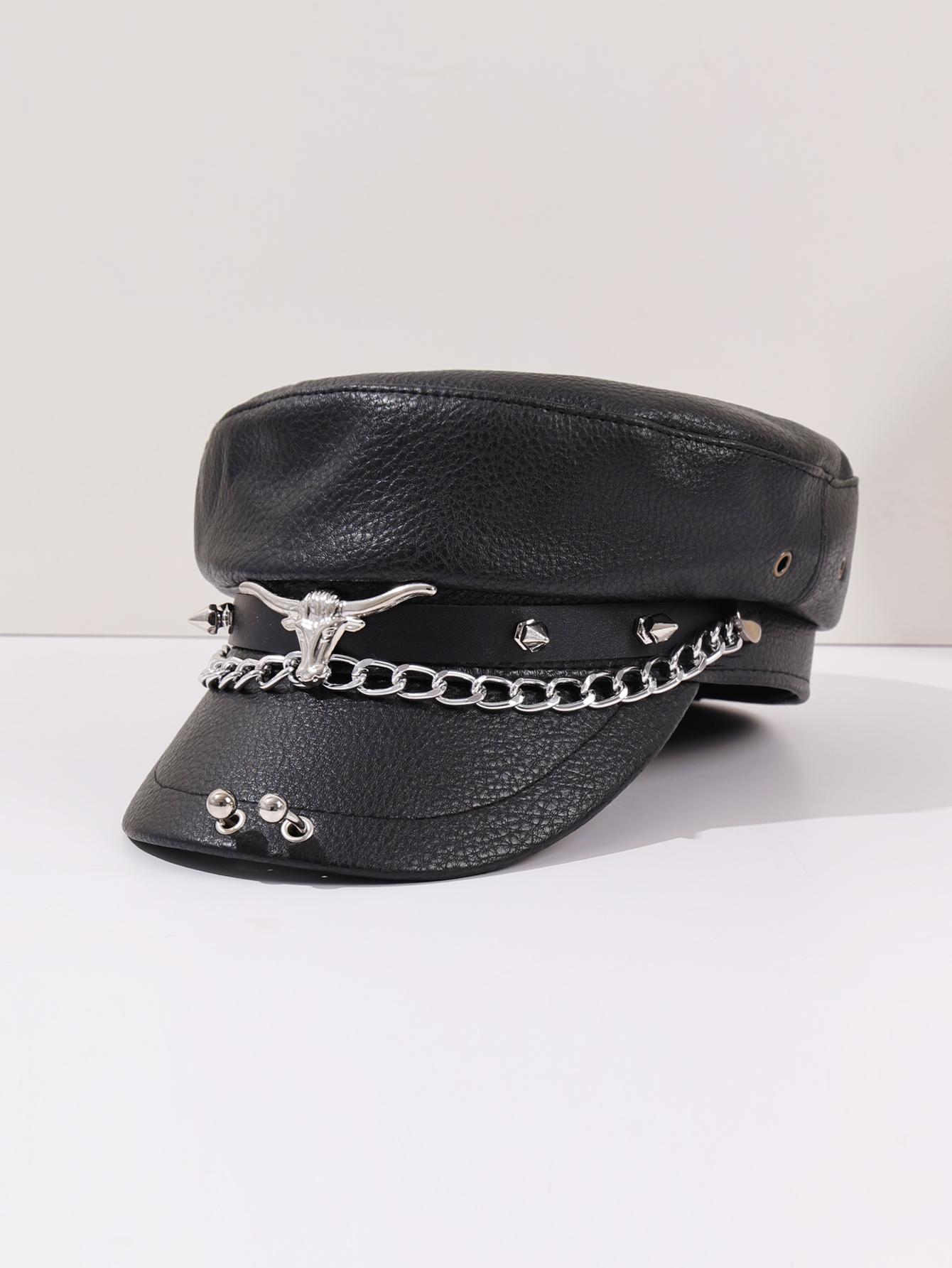 1PC black punk leather newsboy hat | pointed long horned skull chain design, durable material, suitable for daily wear чорний
1PC black punk leather newsboy hat | pointed long horned skull chain design, durable material, suitable for daily wear чорний