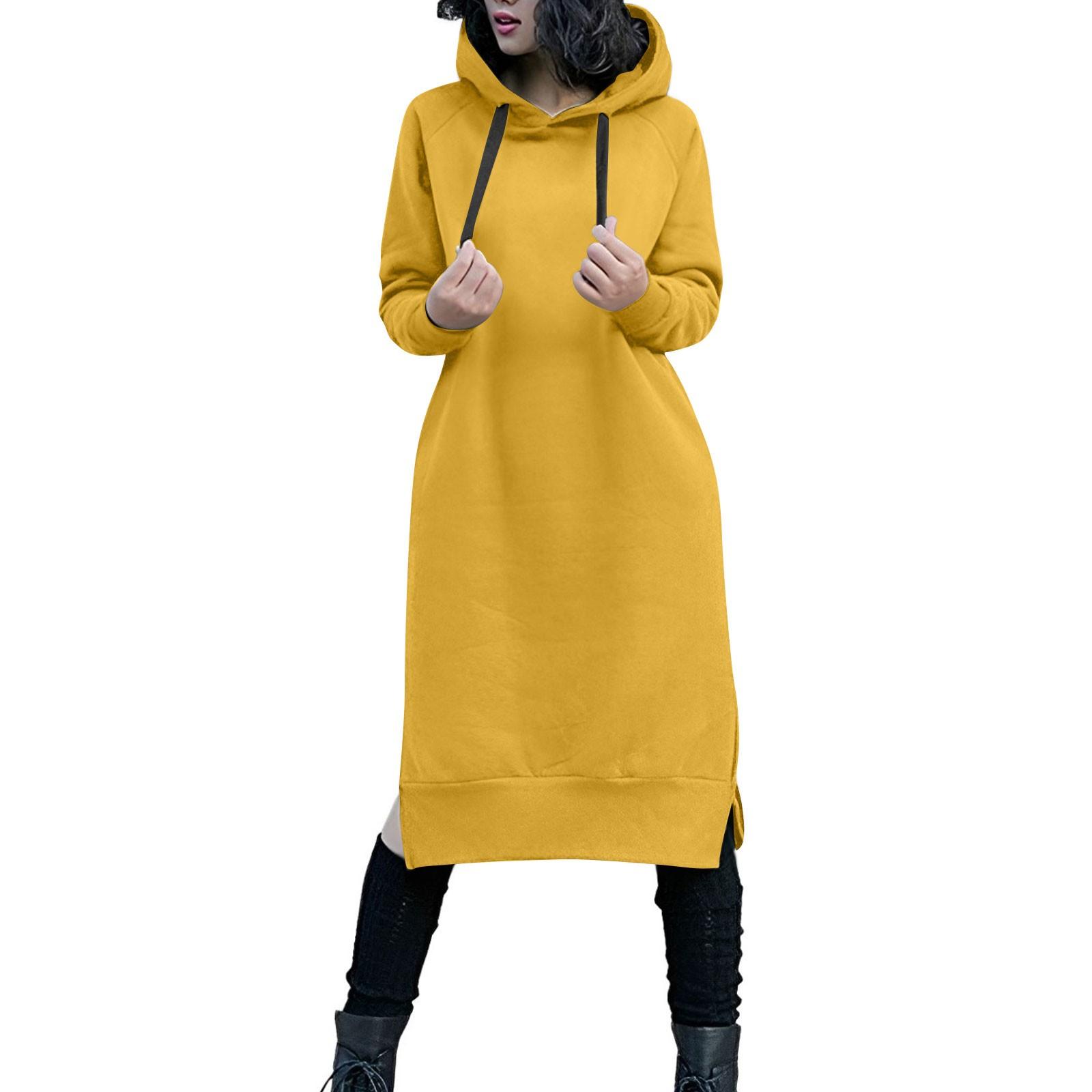 Милое платье с капюшоном для девочек-подростков, однотонное платье-толстовка с длинными рукавами и карманами на шнурке, осеннее платье больших размеров XL жёлтый