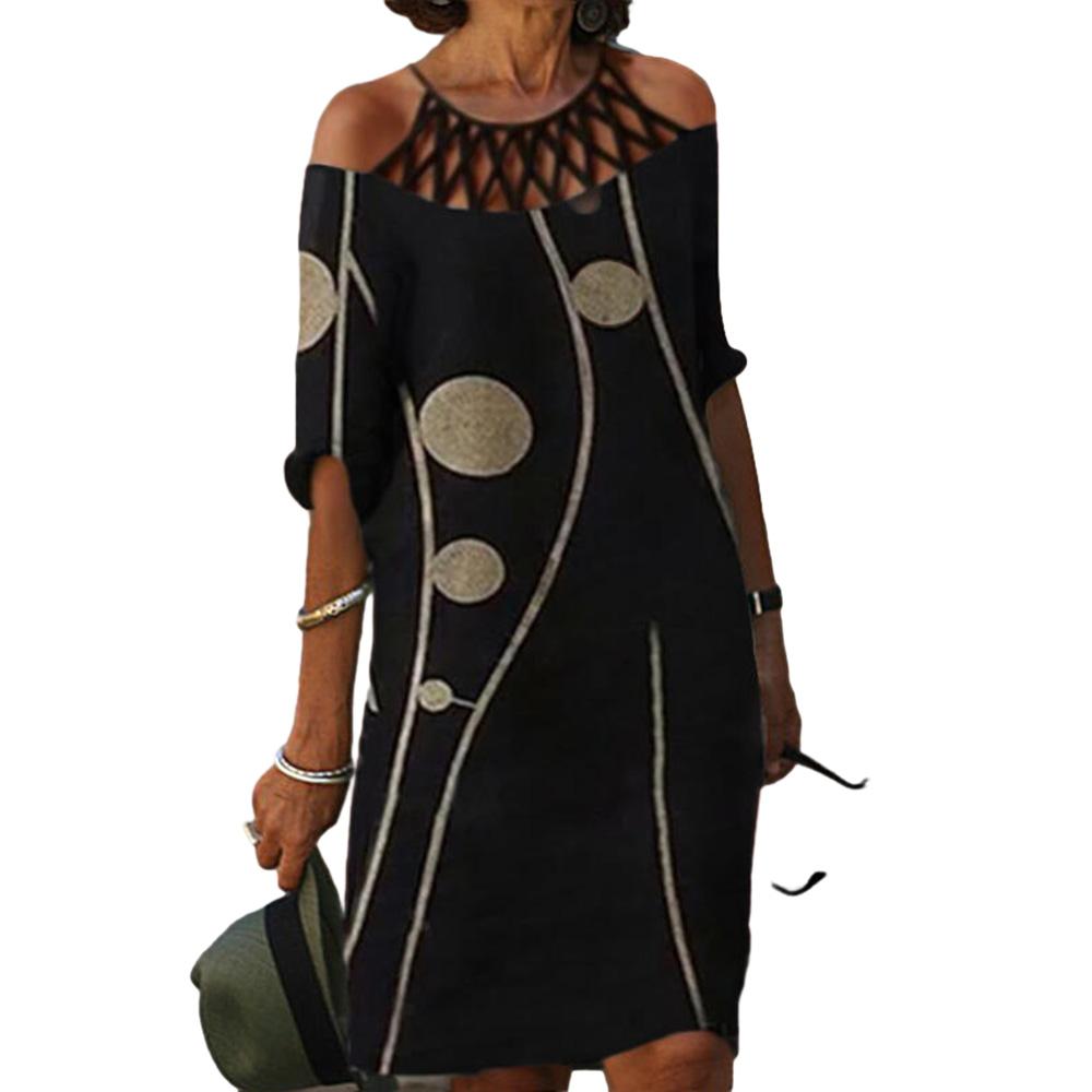 Женское платье кружевное с полым рукавом сексуальное платье средней длины с открытыми плечами и принтом XXL чёрный