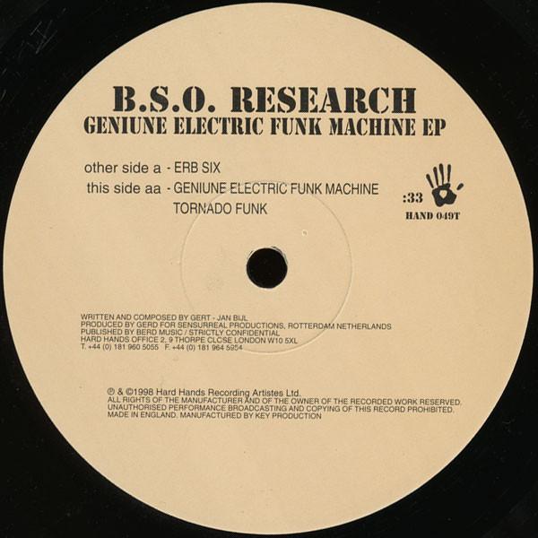 12inch Record B.S.O. RESEARCH - Genuine Electric Funk Machine EP HAND049T Hard Hands 1998 UK Dance & Electronica Used
12inch Record B.S.O. RESEARCH - Genuine Electric Funk Machine EP HAND049T Hard Hands 1998 UK Dance & Electronica Used