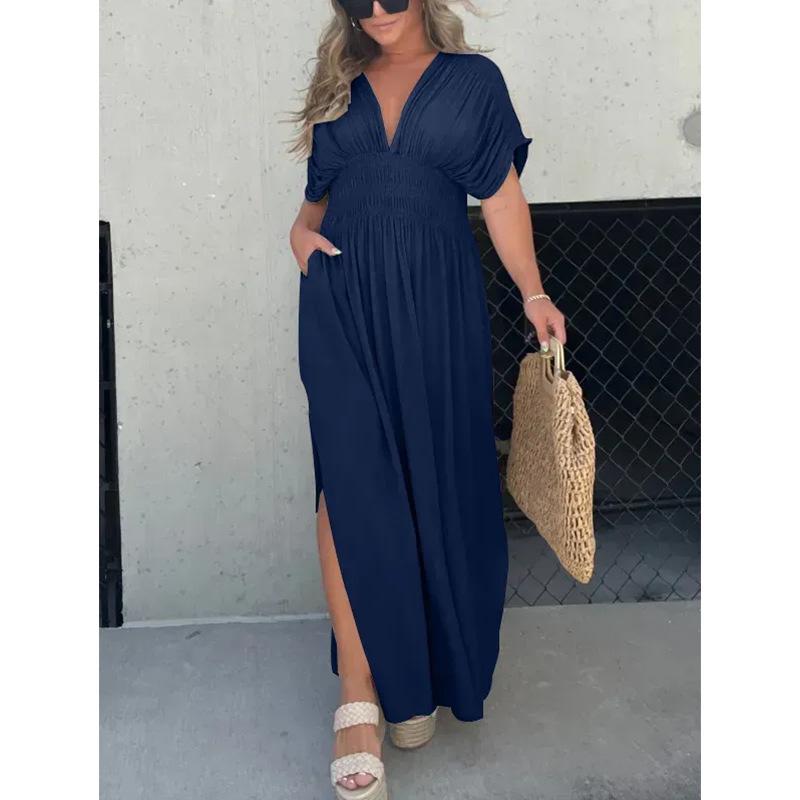 Summer V-neck Batwing Sleeve Elastic Waist Split Long Dress S
Summer V-neck Batwing Sleeve Elastic Waist Split Long Dress S