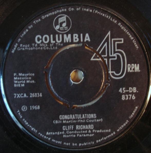 7inch Record CLIFF RICHARD Congratulations High N Dry 45DB8376 Columbia 1968 UK Pop Used
7inch Record CLIFF RICHARD Congratulations High N Dry 45DB8376 Columbia 1968 UK Pop Used