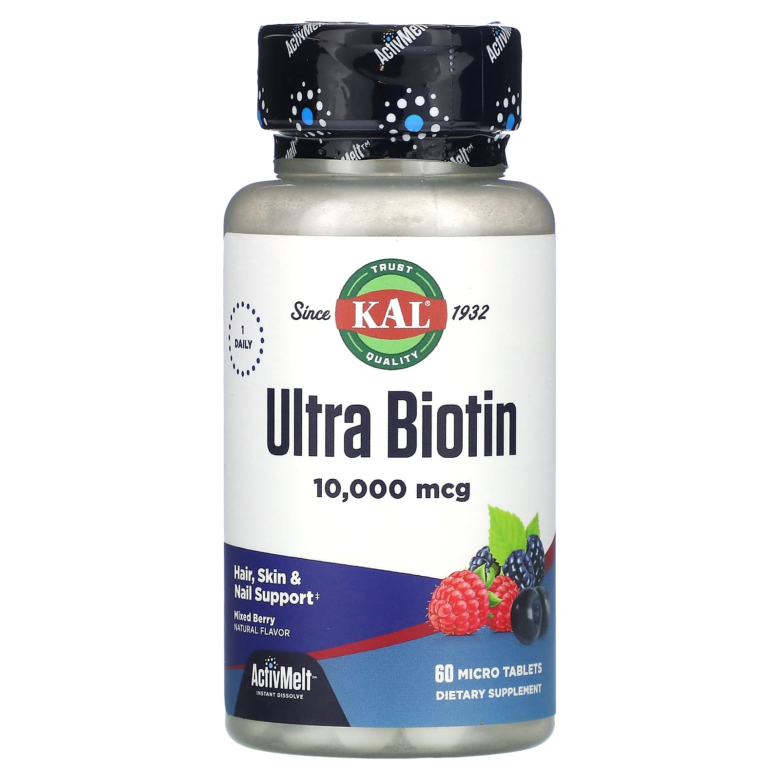 KAL, Ultra Biotin, Active Melt, Mixed Berry Flavor, 10,000 mcg, 60 micro tablets
KAL, Ultra Biotin, Active Melt, Mixed Berry Flavor, 10,000 mcg, 60 micro tablets