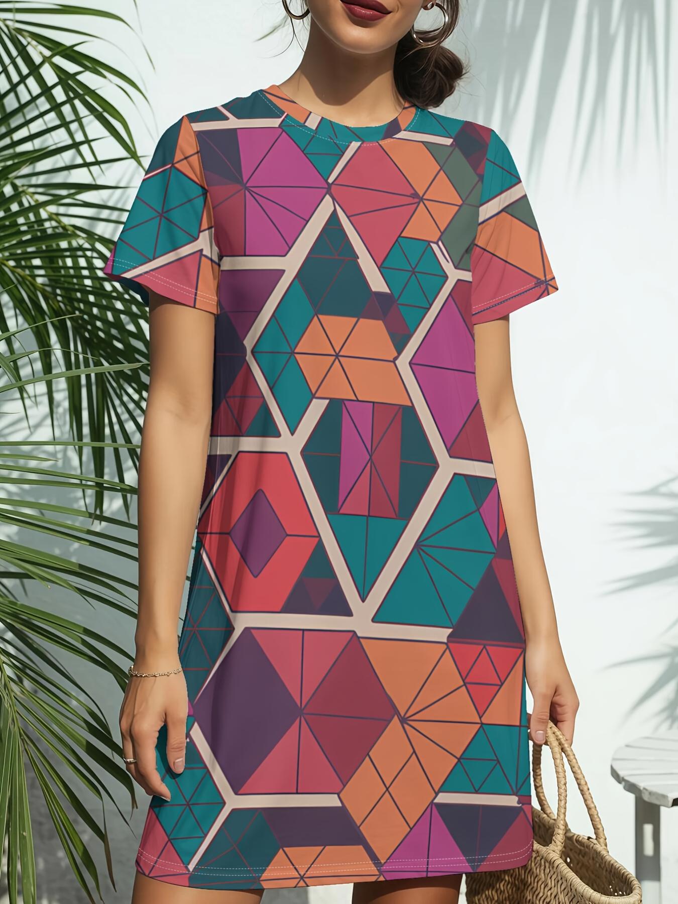 Vibrant Geo Mosaic Women S New Round Neck Short Sleeve Dress. an American Fashion Trend with Digital Prints for Spring And Summer Casual Wear. Elegant M дубильна кора
Vibrant Geo Mosaic Women S New Round Neck Short Sleeve Dress. an American Fashion Trend with Digital Prints for Spring And Summer Casual Wear. Elegant M дубильна кора