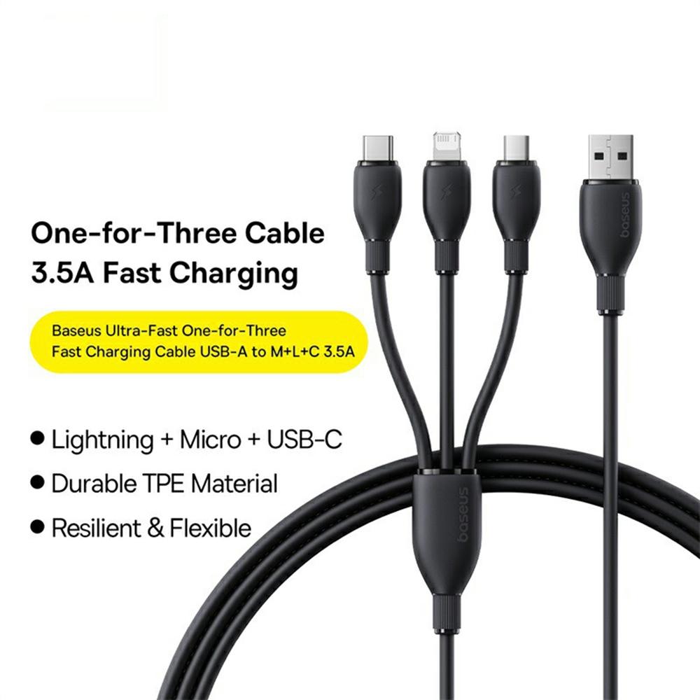 BASEUS Ultra-Fast One-For-Three Fast Charging Cable USB to Micro USB+Lightning+USB-C 3.5A 1.3m Black
BASEUS Ultra-Fast One-For-Three Fast Charging Cable USB to Micro USB+Lightning+USB-C 3.5A 1.3m Black