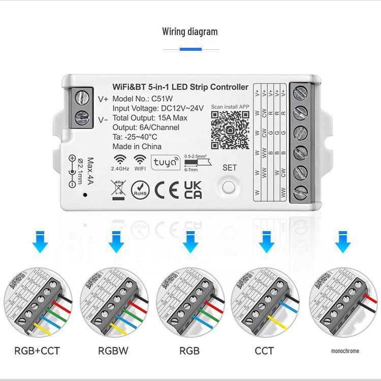 Graffiti C51W WiFi+Bluetooth 5-in-1 Controller (Monochrome/CCT/RGB/RGBW/RGBCW Compatible)
Graffiti C51W WiFi+Bluetooth 5-in-1 Controller (Monochrome/CCT/RGB/RGBW/RGBCW Compatible)