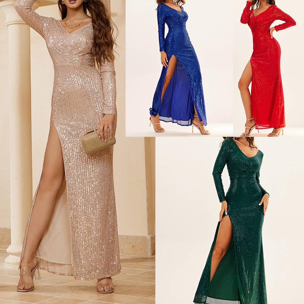 Women Elegant V Neck Long Sleeves Sequins Split Maxi Long Dress Bride Bridesmaids Wedding Party Gowns
Women Elegant V Neck Long Sleeves Sequins Split Maxi Long Dress Bride Bridesmaids Wedding Party Gowns