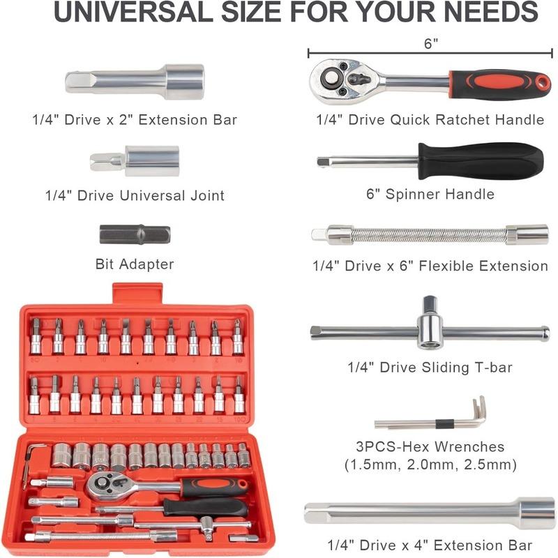 46PCS Compact Socket Wrench Set with 1/4 Inch Metric Sockets, Ratchet, and Extension Bar for Car Maintenance
46PCS Compact Socket Wrench Set with 1/4 Inch Metric Sockets, Ratchet, and Extension Bar for Car Maintenance