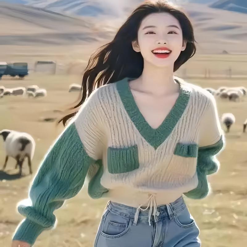 Модный повседневный женский пуловер с V-образным вырезом, свободный трикотажный топ толстой вязки контрастного цвета 7036# One Size
Модный повседневный женский пуловер с V-образным вырезом, свободный трикотажный топ толстой вязки контрастного цвета 7036# One Size