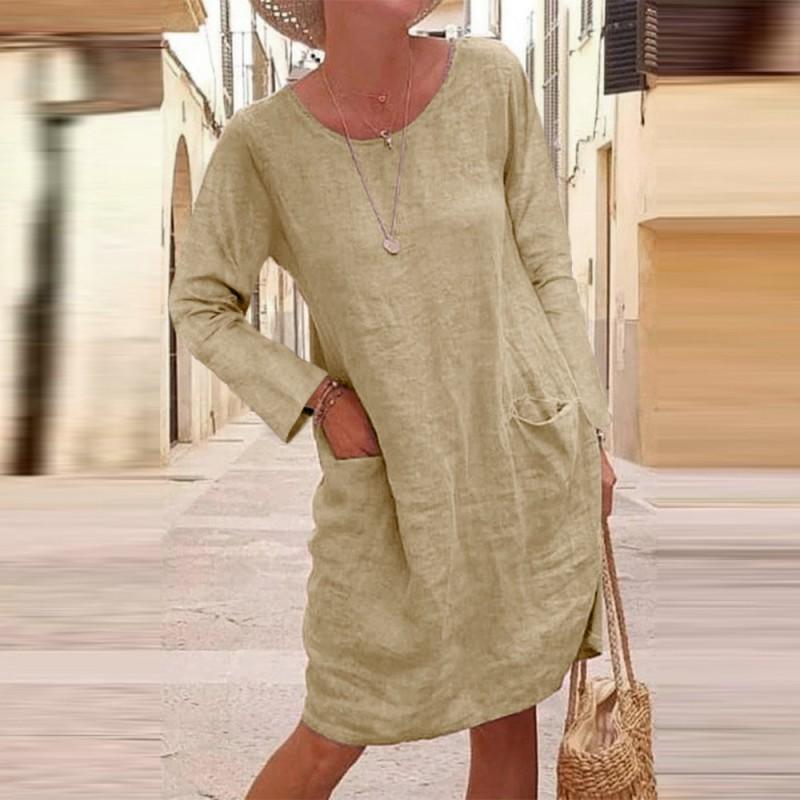 Large Size Solid Color Pocket Long-sleeved Round Collar Cotton Linen Dress M хакі
Large Size Solid Color Pocket Long-sleeved Round Collar Cotton Linen Dress M хакі
