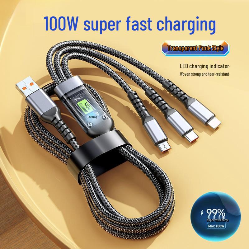 100W Transparent One-to-Three Braided Fast Charging Cable for Apple, Huawei, and Type-C Devices.
100W Transparent One-to-Three Braided Fast Charging Cable for Apple, Huawei, and Type-C Devices.