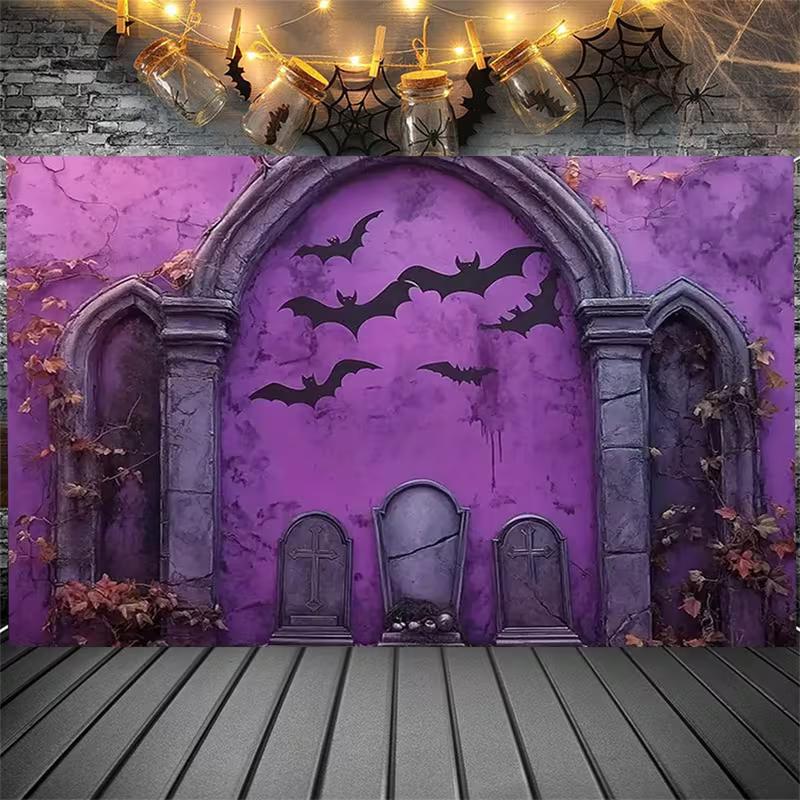 2D Spooky Cemetery Backdrop with Arched Doorway and Weathered Purple Stone Wall Background 47.2x31.5inch/120*80cm
2D Spooky Cemetery Backdrop with Arched Doorway and Weathered Purple Stone Wall Background 47.2x31.5inch/120*80cm