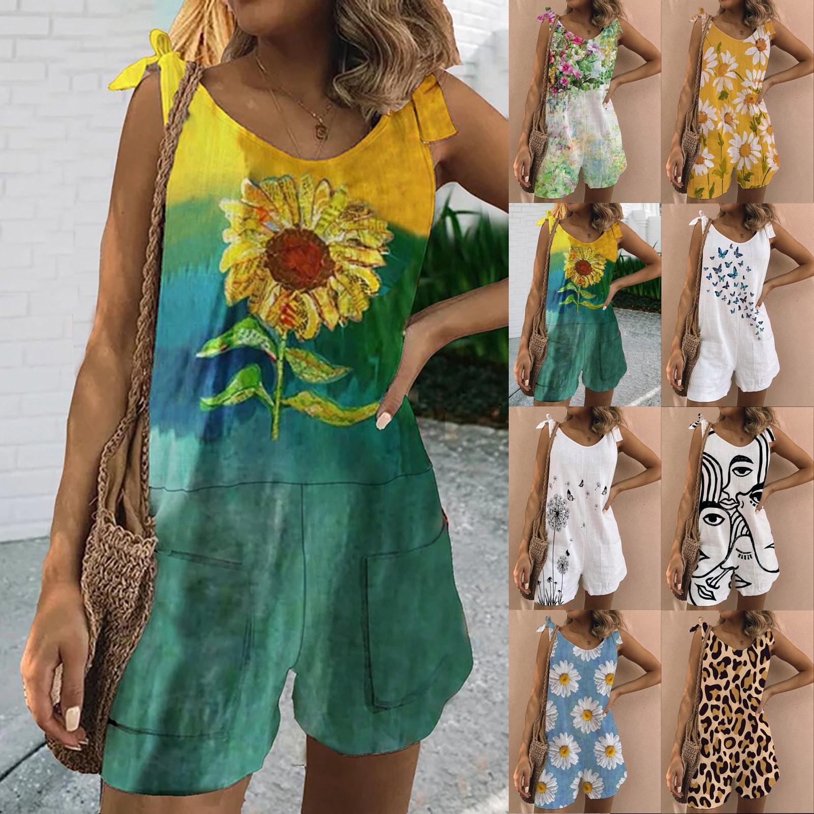 Женские повседневные шорты-комбинезоны из хлопка и льна с высокой талией и принтом 
Женские повседневные шорты-комбинезоны из хлопка и льна с высокой талией и принтом