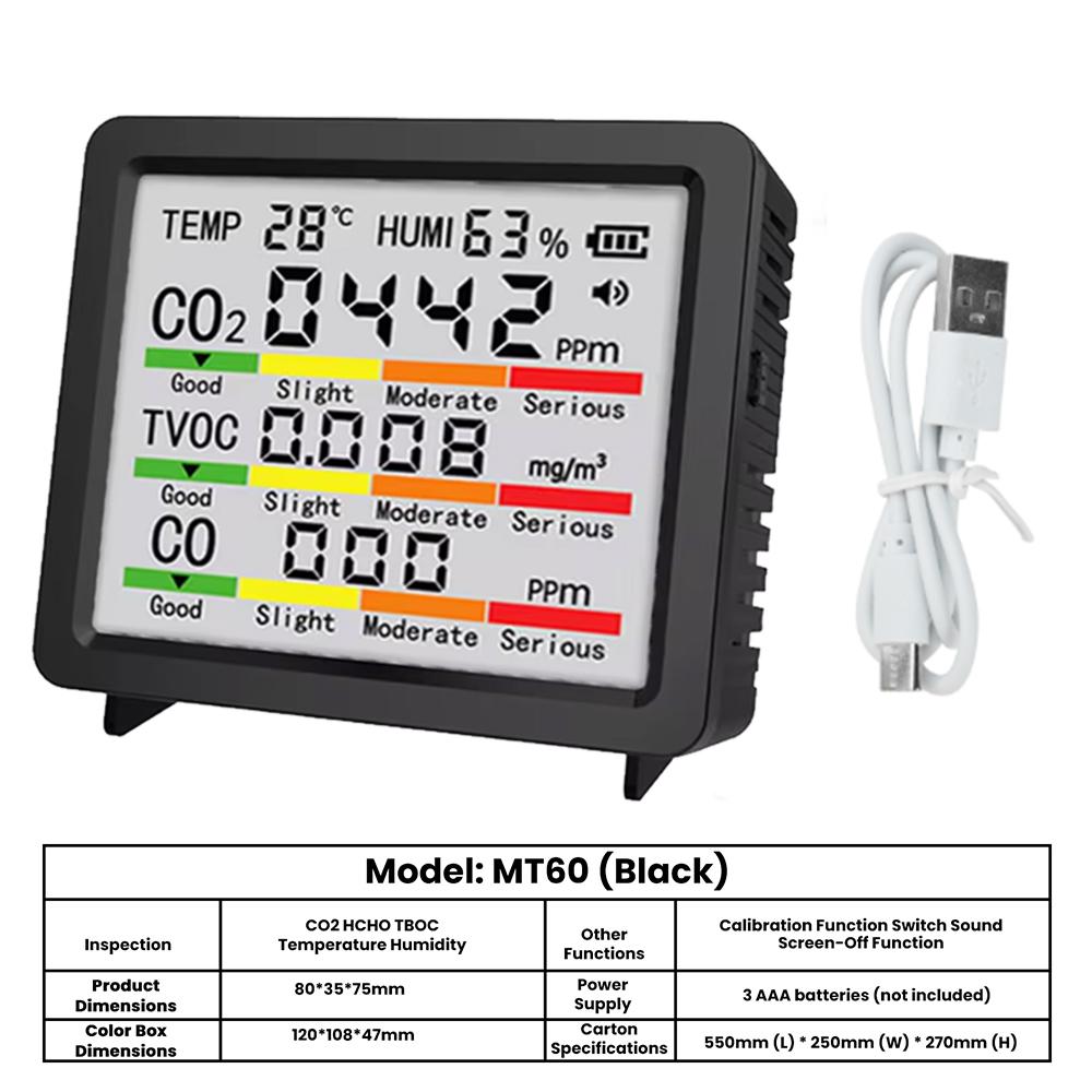 5 In 1 Air Quality Monitor LCD Screen Temperature Humidity Meter CO2 Tester HCHO TVOC Carbon Dioxide Monitor Type C for Home чёрный
5 In 1 Air Quality Monitor LCD Screen Temperature Humidity Meter CO2 Tester HCHO TVOC Carbon Dioxide Monitor Type C for Home чёрный